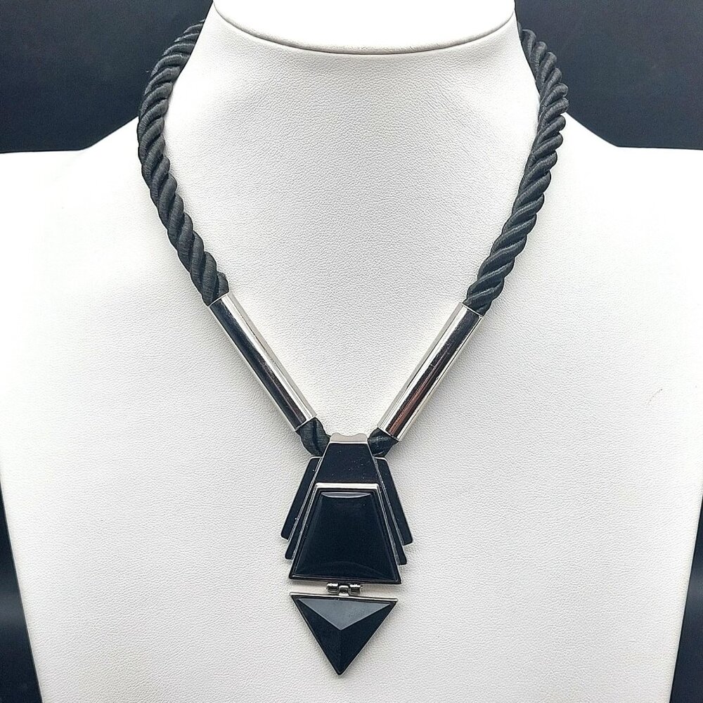 Black Rope Necklace W/ Silver-Tone Metal & Geometric Black Pendant